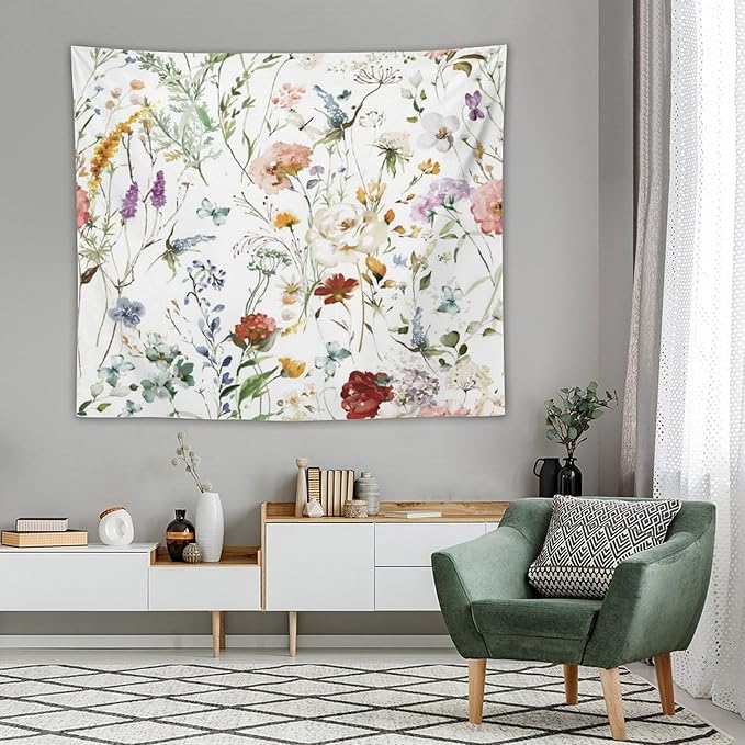 Kurtect Floral Tapestry,Colorful Watercolor Spring Flowers Botanical Theme Print Tapestries for Living Room Party Beach Picnic Blankets Tablecloths Wall Decor, 50x60 in