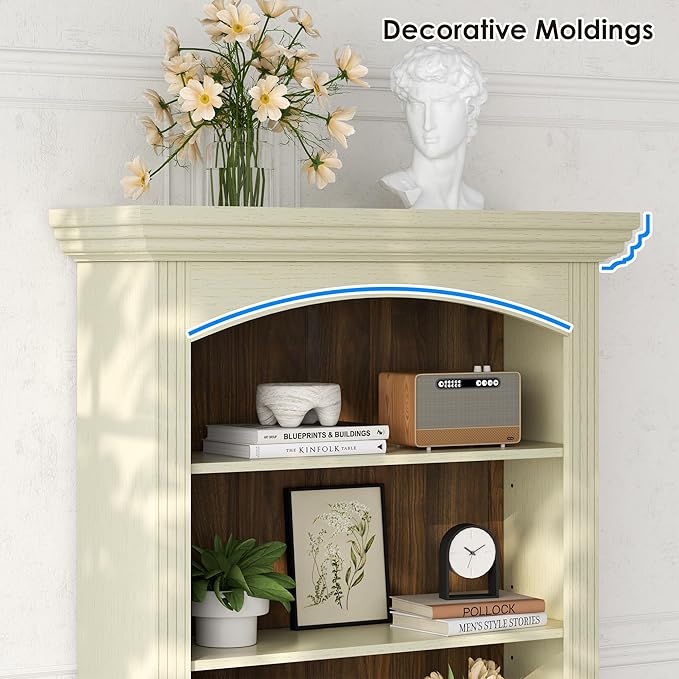 71'' Tall Arched Bookcase with Stroage of 2 pcs, Farmhouse 5-Tier Arch Bookshelf with Drawers, Freestanding Book Shelf with Adjustable Shelf and Roman Column Pattern for Home Office (2, White)