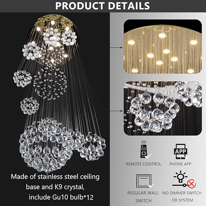 118'' Modern Large Chandelier for Foyer Raindrop Crystal Chandeliers LED Dimmable High Ceiling Flush Mount Light Fixtures for Staircaes Hallway Entryway Gold