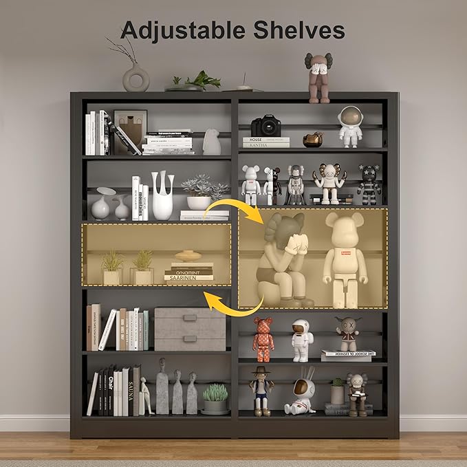 5-Tier Bookshelf, Black Bookcase with Adjustable Storage Shelves, Freestanding Bookcases and Bookshelfs, Wide Bookshelf for Home Office, Living Room, Bed Room, Including Book Stopper (Black)