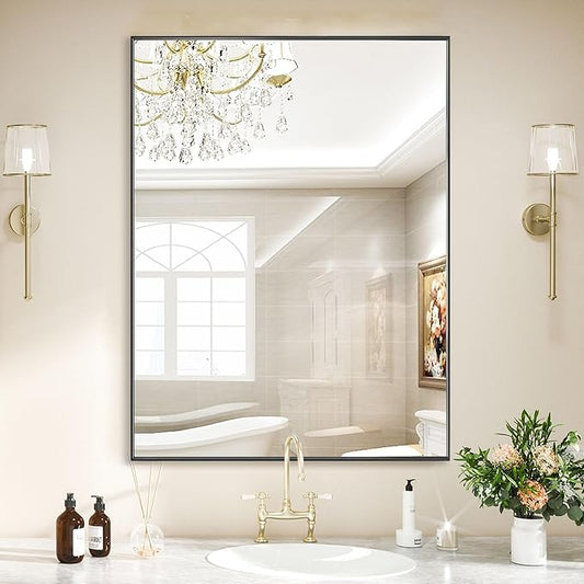 24x30 Inch Black Bathroom Mirror, Copper-Free Mirror, Aluminum Alloy Frame Vanity Mirror, Rectangle Wall Mounted Mirror, Modern Mirror for Bedroom/Living Room/Porch Horizontal or Vertical