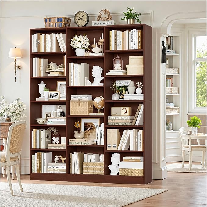 Triple Wide Bookshelf, 6 Tier Large Bookshelf, Bookcase with 17 Open Display Shelves, 74'' Tall Bookcases and Bookshelfs for Living Room, Home Office, Library, Cherry