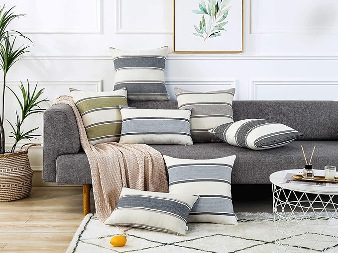 AmHoo Pack of 2 Farmhouse Linen Throw Pillow Cover Cushion Stripe Decoration Buffalo Retro Pillowcase with Hidden Zipper for Sofa Bedroom Car 12 x 20 Inch Light Gray Gray