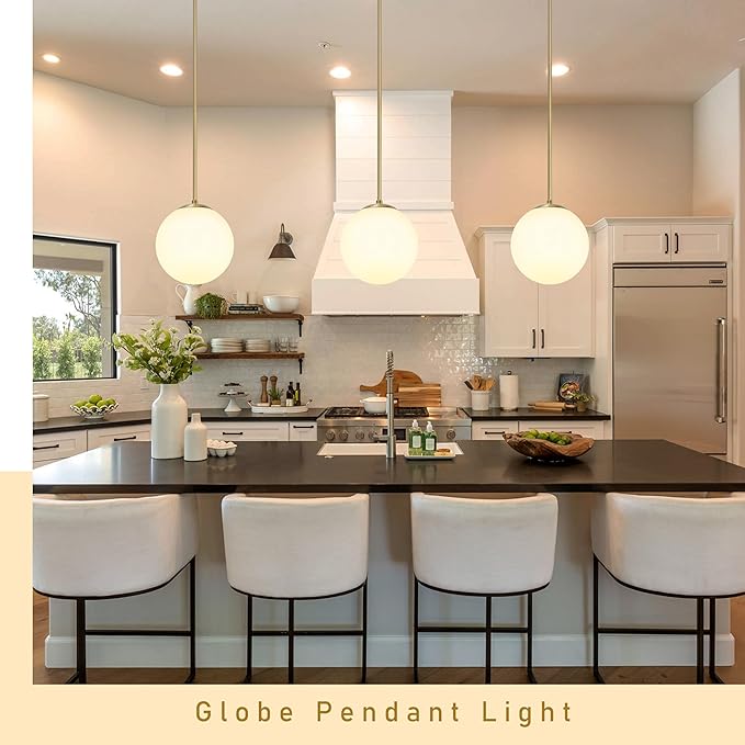 10 Inch Globe Pendant Light Gold Mid Century Pendant Light Contemporary Globe Pendant Lights Adjustable Hanging Light Fixture Milk Glass with Brass Finish for Dining Room Kitchen Island