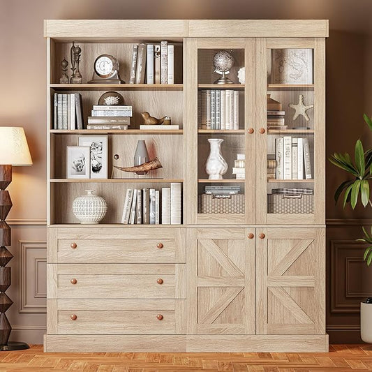 Vyre 71" Tall Farmhouse Kitchen Pantry, Large Storage Cabinets with Glass Doors, Hutch Cabinet with 3 Drawers & Adjustable Shelves for Living Room & Dining Room, Brown