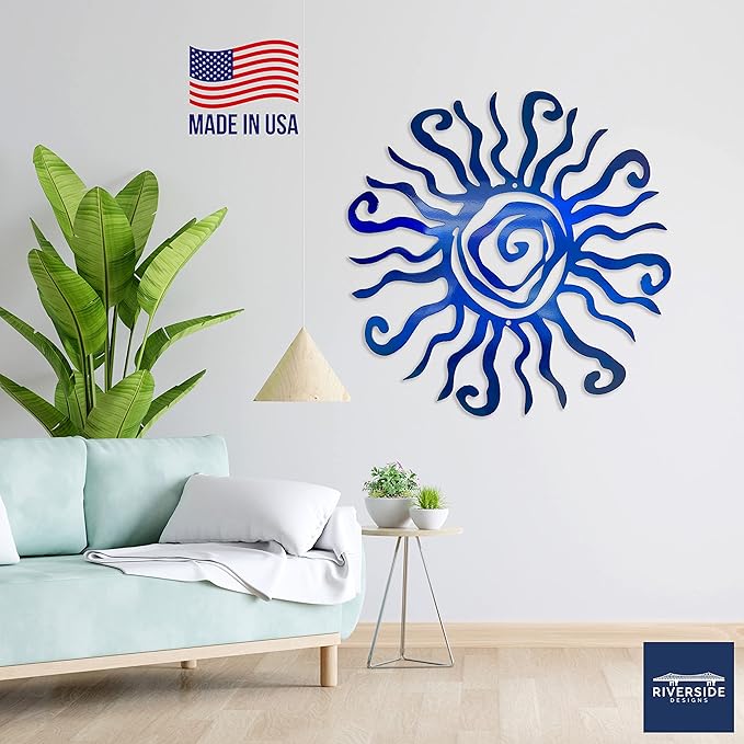 Riverside Designs Wacky Sun Metal Wall Art Indoor/Outdoor Decor - 12" Blue, Rust Proof Wall Sculpture - Made in USA - Ideal for Bedroom, Garden, Home, Patio and Farmhouse