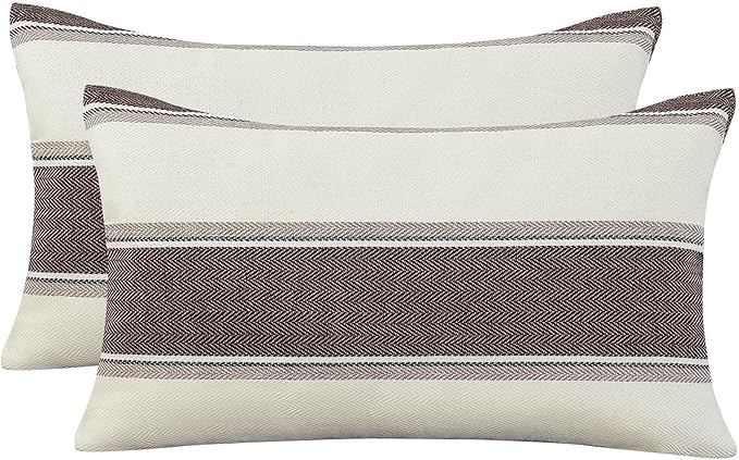 AmHoo Pack of 2 Farmhouse Linen Throw Pillow Cover Cushion Stripe Decoration Buffalo Retro Pillowcase with Hidden Zipper for Sofa Bedroom Car 12 x 20 Inch Brown