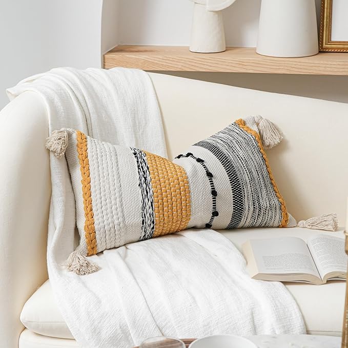 Fall Decorative Lumbar Throw Pillow Cover 14x24 Boho Yellow Mustard Accent Cushion for Couch Sofa Farmhouse Pillowcase for Bedroom Living Room Home Décor Cover ONLY