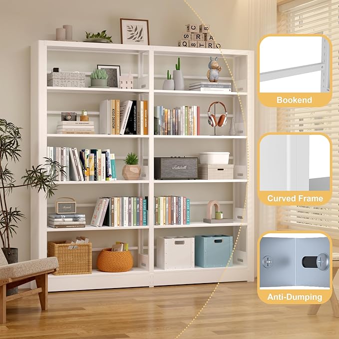 5-Tier Industrial White Metal Bookshelf - Freestanding Tall Storage Organizer for Living Room &amp; Home Office, BSJ175-2