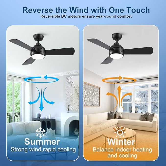42 Inch Ceiling Fans with Lights, Black Ceiling Fan with Light and Remote Control, Reversible, 6 Speeds, 3CCT, Dimmable, Modern LED Ceiling Fan for Bedroom, Indoor/Outdoor