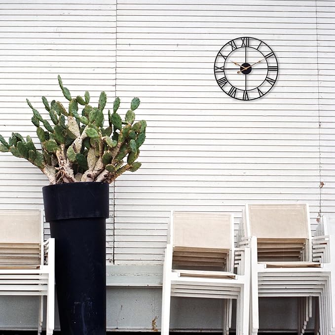 Large 14 Inch Outdoor Wall Clock, Black Metal Modern Minimalist Battery Operated Silent Clock for Patio, Pool, Garden, Living Room, Kitchen, Office, Bedroom Decor with Easy to Read Roman Numbers