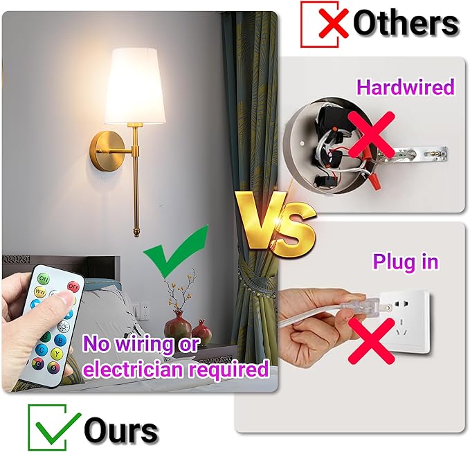 Battery Operated Wall Sconce Set of 2, Rechargeable Wall Sconce with 10000mAh Bulb and Remote, Up to 50 Hrs Use, RGB Dimmable Wireless Wall Lights for Living Room Bedroom Hallway