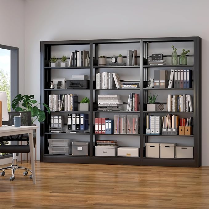 Bookshelf,5-Tier Industrial Book Shelf, White Bookcases and Bookshelfs,Tall Book Shelf Storage Organizer,Freestanding for Living Room, Bedroom,Home Office,Metal (Black, Bookshelf-3)