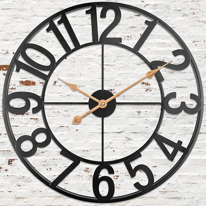 Extra Large 18 Inch Outdoor Wall Clock, Black Metal Modern Minimalist Battery Operated Silent Clock for Patio, Pool, Garden, Living Room, Kitchen, Office, Bedroom Decor with Easy to Read Numbers