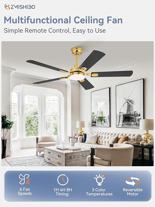 ZMISHIBO 52" Ceiling Fans with Lights, Gold Modern Ceiling Fan with Remote, Bedroom Indoor Ceiling Fan with Dual Finish Blades, Quiet & Strong Motor, Bright LED Light
