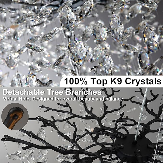 YUYI 47" Black Crystal Chandelier, 18-Light Modern Tree Branch Chandelier for Dining Room, Luxury Round K9 Raindrop Chandeliers Light Fixture for Living Room, Foyer, Entryway, Kitchen, Bedroom
