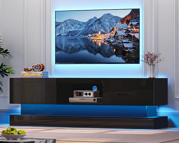 63 inch Black Modern High Gloss LED TV Stand with Side Panels for 50 55 60 65 70 75 inch TV, Gaming Entertainment Center with Storage for PS5, Tall TV Cabinet for Living Room, Bedroom