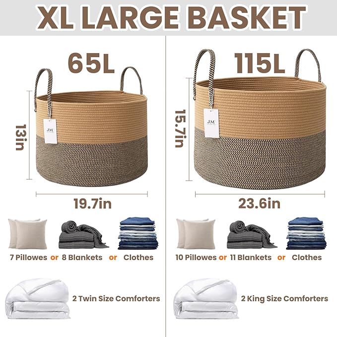 Woven Blanket Basket,65L Large Rope Storage Bin with Handles, Organizer for Blankets Toys Book and Clothes, Laundry Basket for Living Room Bedroom Nursery,Jute&amp;Black