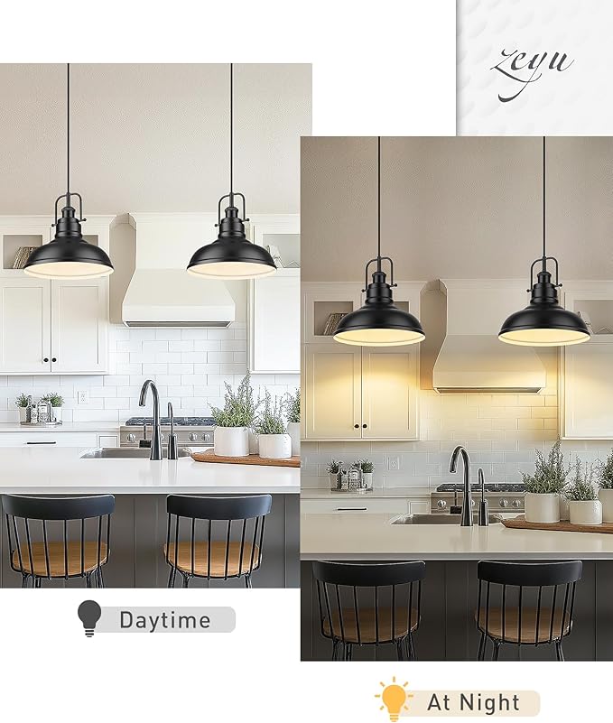 zeyu 1-Light Industrial Pendant Light, 11-Inch Pendant Light Fixture for Kitchen Island, Metal Dome Lampshade in Matte Black Finish, 016-1 BK