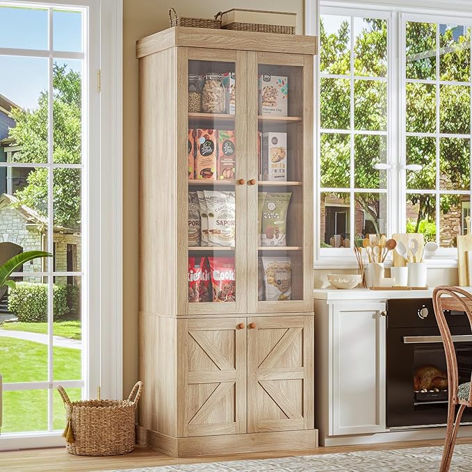 Vyre 71" Tall Farmhouse Kitchen Pantry, Set of 2 Large Storage Cabinets with Glass Doors & Adjustable Shelves, Versatile Wood Hutch for Living Room & Dining Room, Brown