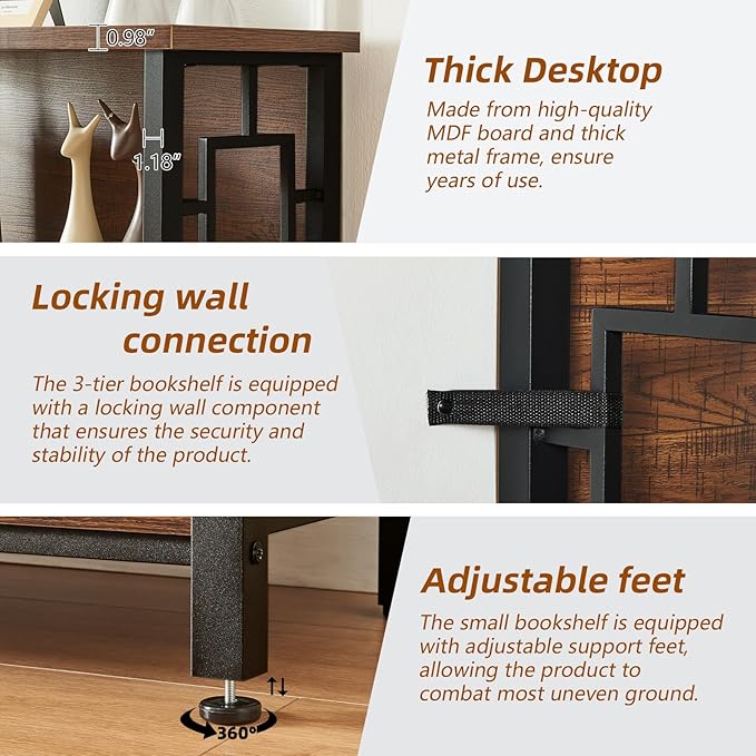 HOMISSUE Book Shelf, 3 Tier Small Bookshelf with Storage, Engineered Wood and Metal Shelf Bookcase, Low Short Bookcases for Small Space, Living Room, Bedroom, Office, Rustic Brown