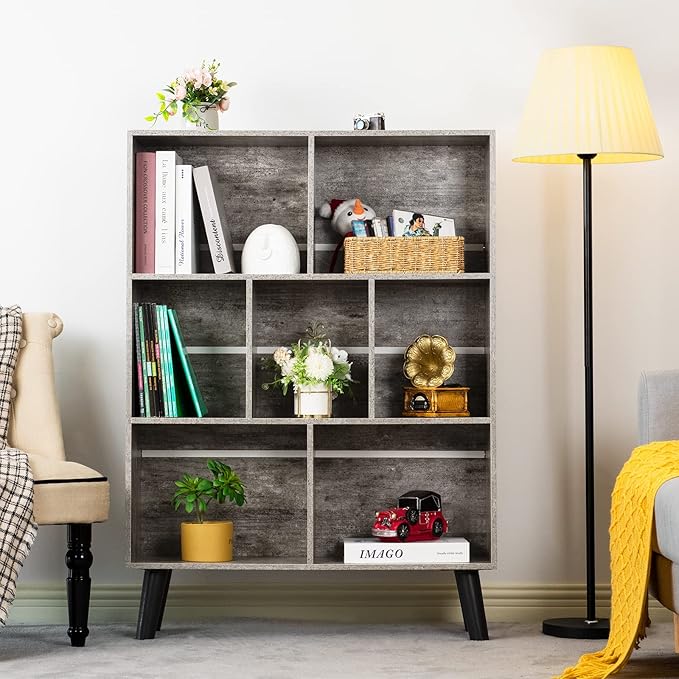 LEYAOYAO Bookshelf Cube Storage Organizer,3 Tier Bookcase with Legs,Modern Wood Open Shelf,Dirty Gray Bookshelfs,Free Standing Display Short Book Shelves for Narrow Space,Bedroom,Living Room,Office