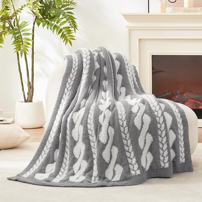Amélie Home Cable Knit Throw Blanket for Couch, Bicolour Super Soft Cozy Fuzzy Plush Throws for Sofa, 50" x 60", Cable Gray &amp; White