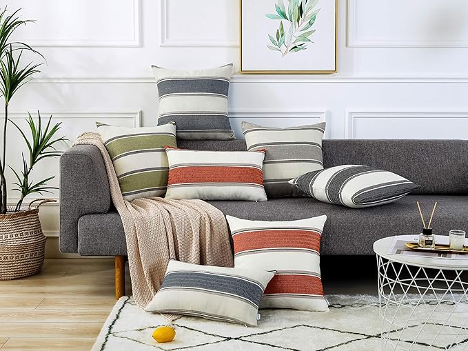 AmHoo Pack of 2 Farmhouse Linen Throw Pillow Cover Cushion Stripe Decoration Buffalo Retro Pillowcase with Hidden Zipper for Sofa Bedroom Car 12 x 20 Inch Burnt Orange