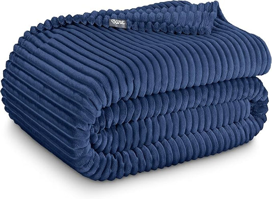 Bare Home Textured Fleece Blanket - Full/Queen - Ultra-Soft Lightweight for Bed, Sofa, and Couch - Luxury Microplush - Cozy Warm Blanket (Full/Queen, Ribbed Dark Blue)