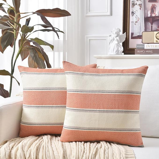 AmHoo Pack of 2 Farmhouse Linen Throw Pillow Cover Cushion Stripe Decoration Buffalo Retro Pillowcase with Hidden Zipper for Sofa Bedroom Car 16 x 16 Inch Burnt Orange