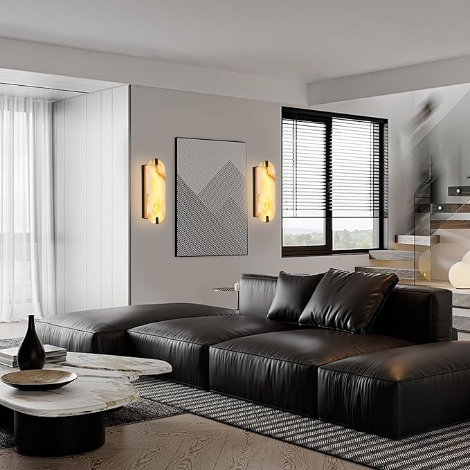 14.17in Alabaster Wall Sconces, Natural Marble Wall Light Set of Two, Modern LED Alabaster Sconces for Living Room Indoor Wall Lamps for Dining Room Stairs Bedroom,Black