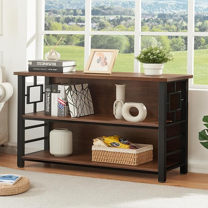 HOMISSUE Book Shelf, 3 Tier Long Bookshelf with Storage, Engineered Wood and Metal Shelf Bookcase, Low Short Bookcases for Small Space, Living Room, Bedroom, Office, Rustic Brown