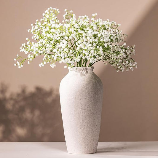 Laurel&amp;Vine 12" Tall White Ceramic Vase, Speckled Textured Minimalist, with 15 Stems of 22" Faux Artificial White Babys Breath, Farmhouse Console Centerpiece Decor, Real Touch Fake Flowers in Vase