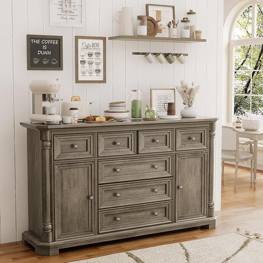 Yechen Buffet Cabinet with Drawers, 54" Large Sideboard Buffet Cabinet with 7 Drawers and 2 Doors, Farmhouse Solid Wood Sideboard for Kitchen, Living Room, Gray