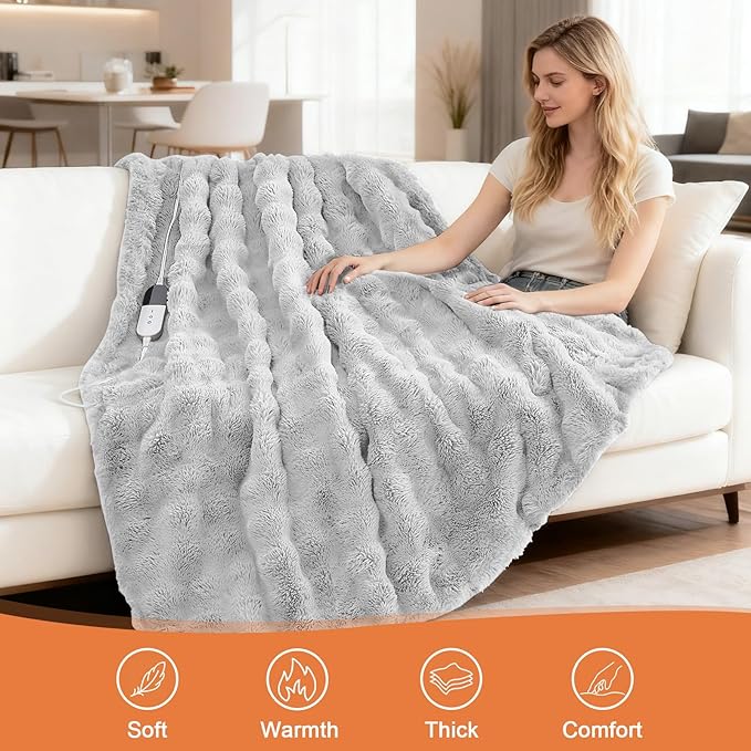 Heated Blanket Electric Throw Blanket 72''X 84''-Heating Blanket with 6 Heat Settings-4/10 Hours Auto Off,Cozy Faux Rabbit Fur Bubble Electric Blanket,Light Gray