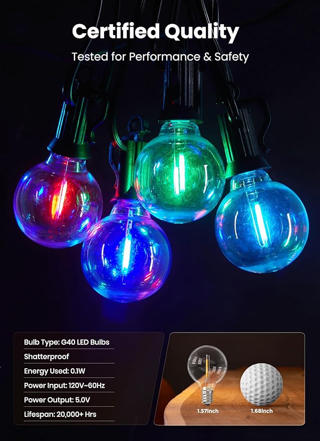 Brightown RGBW Outdoor String Lights, 58FT LED Patio Lights with Remote and Timer, Commercial Grade Waterproof Hanging Lights with 27 Shatterproof Bulbs(2 Spare) for Backyard Porch Garden Party Decor