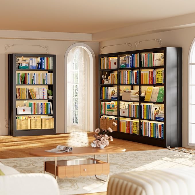 Bookshelf, 5-Tier Metal Sturdy Bookcase,71" H Tall Black Bookcase with Adjustable Shelves, Heavy Duty Storage Bookshelfs and Bookcases for Living Room, Library, Home Office(Black, 108.6" W)