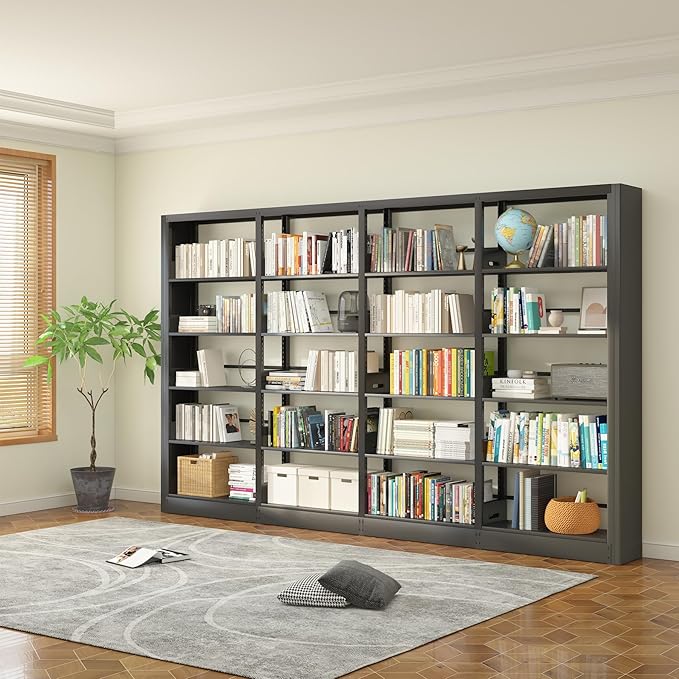 5-Tier Industrial Bookshelf, White Bookcases and Bookshelfs, Tall Storage Organizer, Freestanding for Living Room, Bedroom, Home Office, Metal (Black, Bookshelf-4)