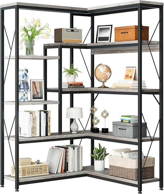 JAMFLY 5-Tier Corner Bookshelf, Industrial Corner Bookcase, Book Shelves with Metal Frame, Large Open Display Bookshelfs, L-Shaped Shelf for Living Room, Bedroom, Home Office, Gray