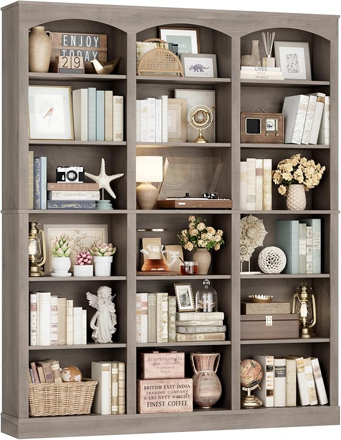 71" Triple Wide Bookshelf, 6 Tier Tall Bookshelf, Large Bookcase with Curved Baffle, 63.4" Wide Book Shelf with 18 Open Display Shelves for Living Room, Study, Gray
