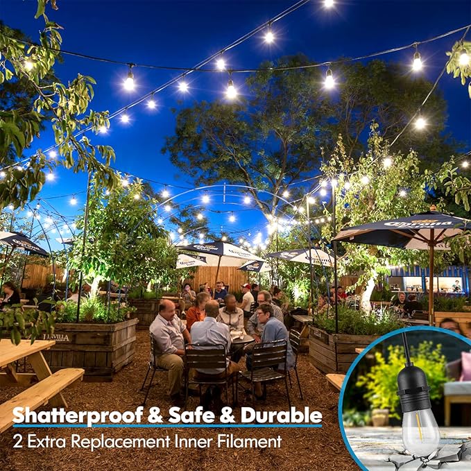 Lakumu 48FT LED Outdoor String Lights for Patio with Waterproof Shatterproof E12 S14 Edison Bulbs 5000K Daylight White Dimmable Linkable Hanging Light Strings for Deck Pergola Bistro Cafe Balcony Bar