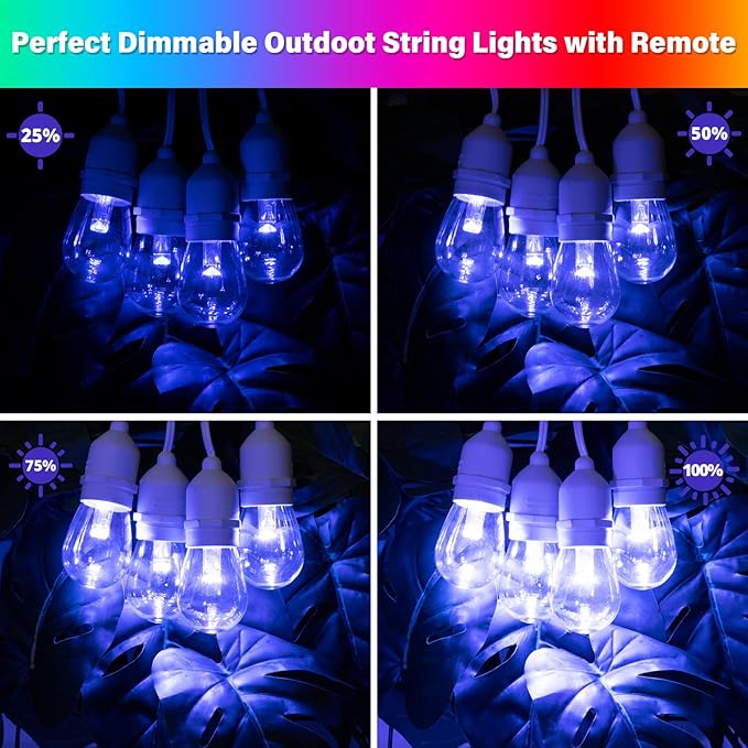 Mlambert 48FT Outdoor Patio Lights, 6 Lighting Modes RGB Cafe String Lights with 15 Dimmable LED Shatterproof Bulbs for Deck Porch Gazebo-White 1 Pack