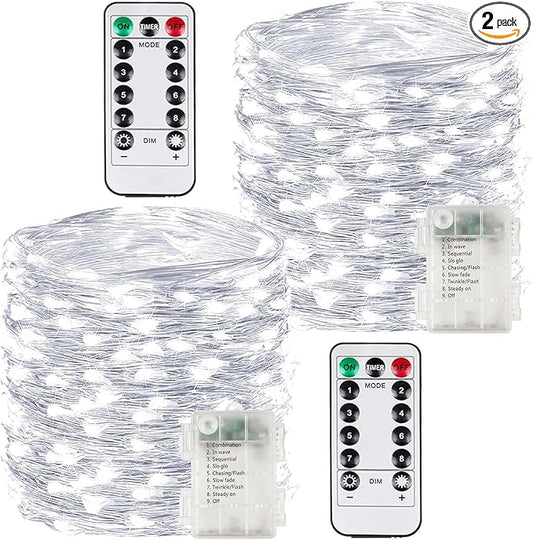 2 Pack 200LED Battery Operated Fairy Lights with Remote, 8 Modes LED String Lights with Timer, Dimmable, Memory Function, Waterproof Twinkle Lights for Outdoor Indoor Christmas Decor(Cool White)