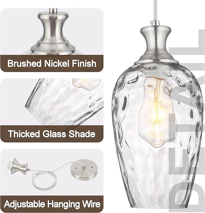 Glass Pendant Lights Kitchen Island, 1-Light Brushed Nickel Pendant Light Fixtures with Hand-Blown Clear Glass, Modern Farmhouse Hanging Light for Kitchen Sink Dining Room Bedroom, E26