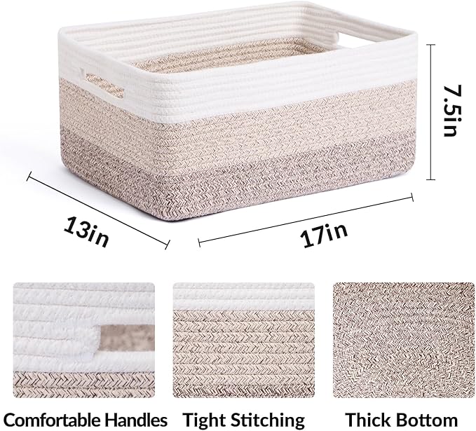 Large Storage Baskets for Organizing, Closet Shelf Baskets for Clothes Blanket Towels, Baby Nursery, Toy Bins Box, Woven Rope Basket, 17 x 13 x 7.5”, 3 Packs Gradient Brown