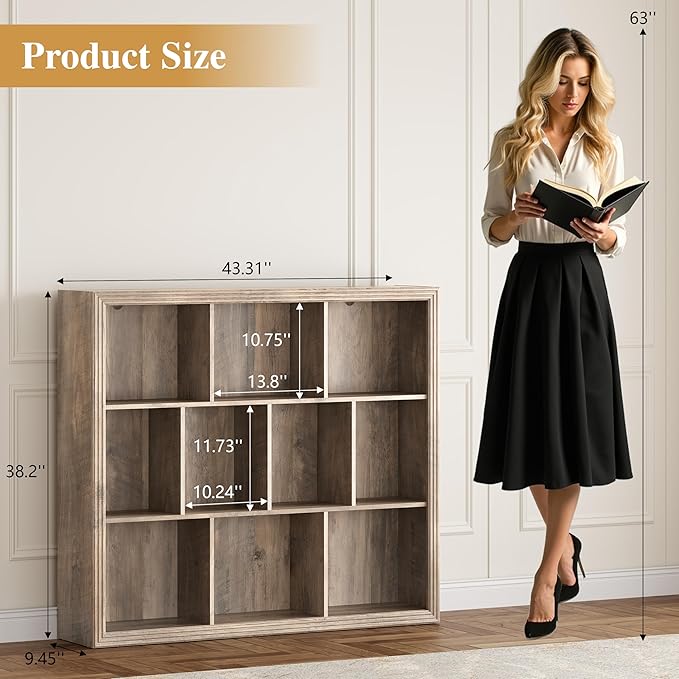 Book Shelf with 10-Cube, 43” Wide Bookshelf with Anti-Tip Device, 38” Tall Open Bookcase, Modern Display Organizer Book Case for Home Office, Entryway, Living Room, Bedroom, Study Room