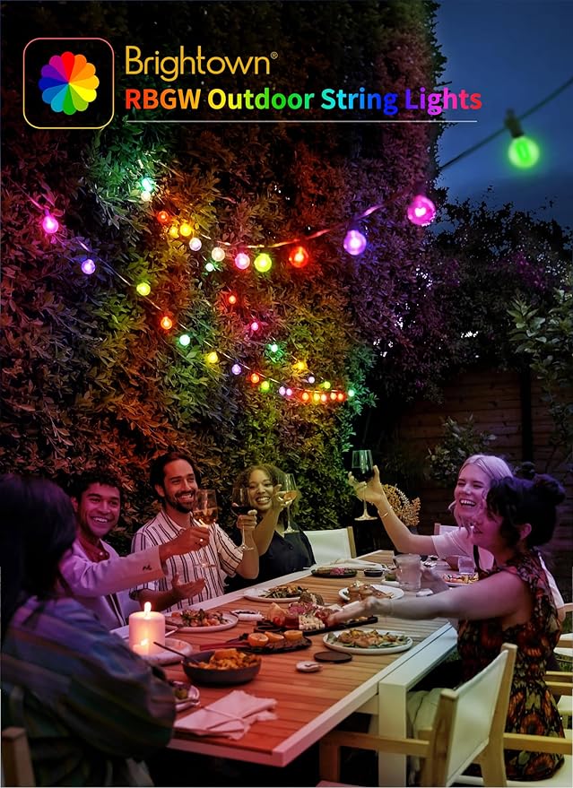 Brightown RGBW Outdoor String Lights, 58FT LED Patio Lights with Remote and Timer, Commercial Grade Waterproof Hanging Lights with 27 Shatterproof Bulbs(2 Spare) for Backyard Porch Garden Party Decor