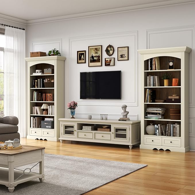 71'' Tall Arched Bookcase with Stroage of 2 pcs, Farmhouse 5-Tier Arch Bookshelf with Drawers, Freestanding Book Shelf with Adjustable Shelf and Roman Column Pattern for Home Office (2, White)