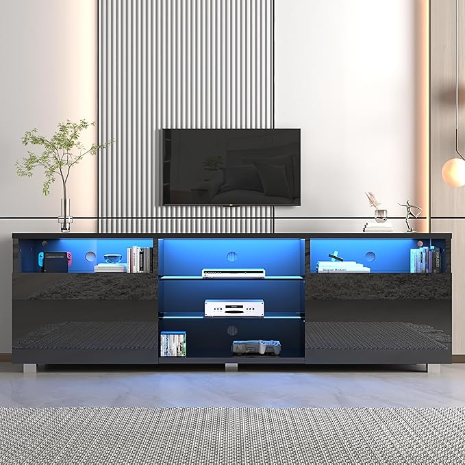 St.Mandyu LED TV Stand for 75/80 inch TV, Modern Television Table Center Media Console with Drawer and Led Lights, High Glossy Entertainment Center for Living Game Room Bedroom(Black)