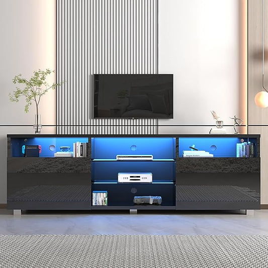St.Mandyu LED TV Stand for 75/80 inch TV, Modern Television Table Center Media Console with Drawer and Led Lights, High Glossy Entertainment Center for Living Game Room Bedroom(Black)